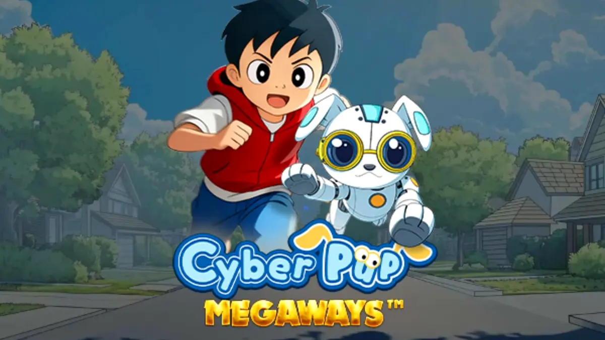 Tampilan futuristik dan ceria dari Cyber Pup Megaways dengan karakter robot anjing.