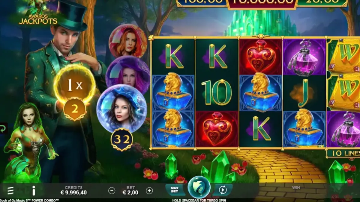 Tampilan visual slot Book of Oz Magic 5 Power Combo dengan tema fantasi.