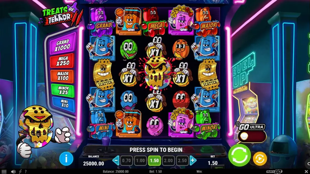 Tampilan visual neon arcade dari slot Treats of Terror 2